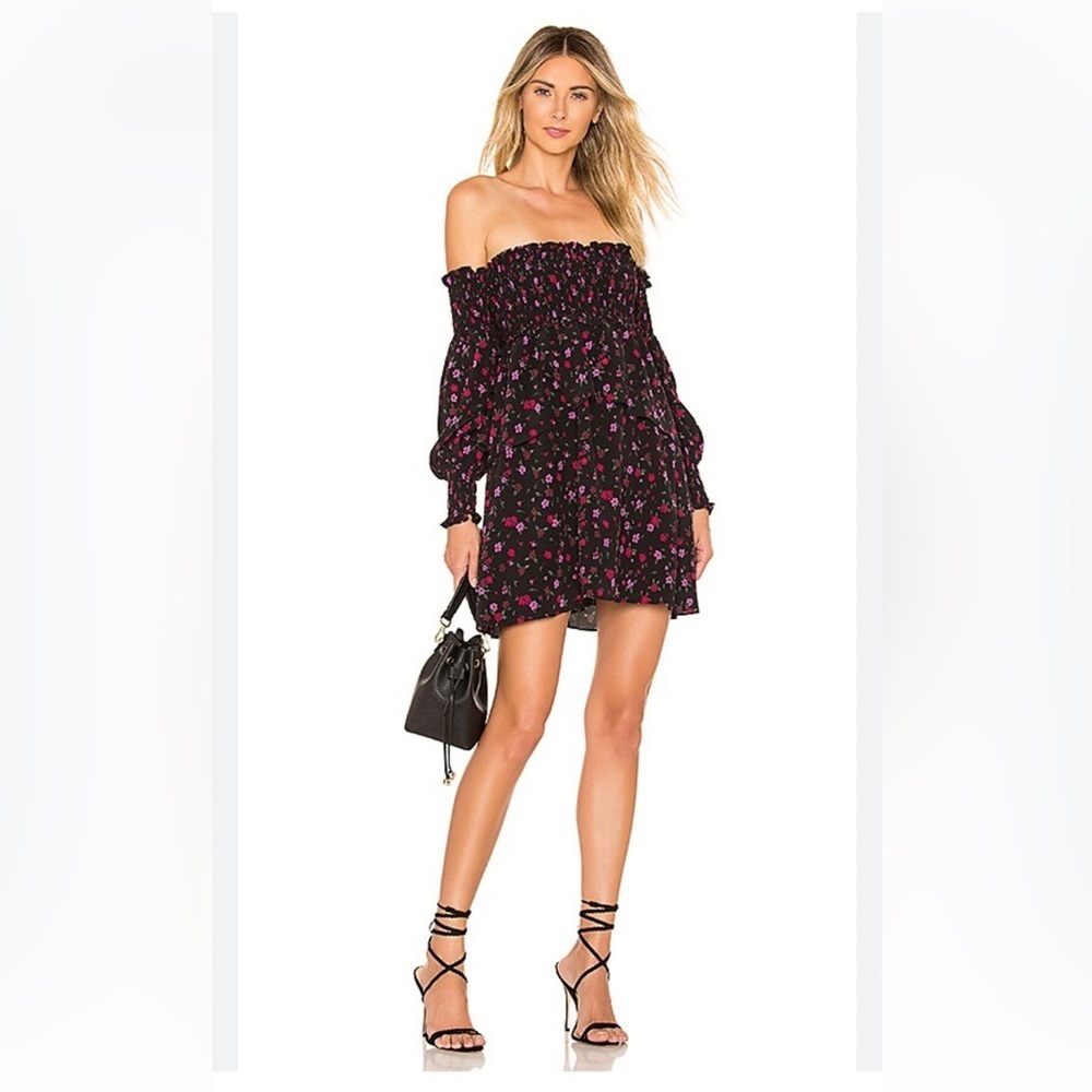 For Love & Lemons Black Off-Shoulder Mini Dress with Pink Floral Print